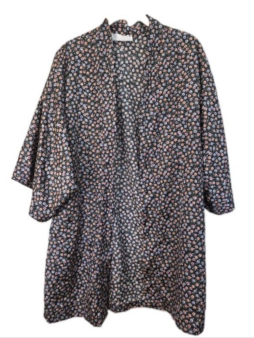 Val Mode Lingerie Satin Robe Kimono Size Small Black Floral Wide Half Sleeve